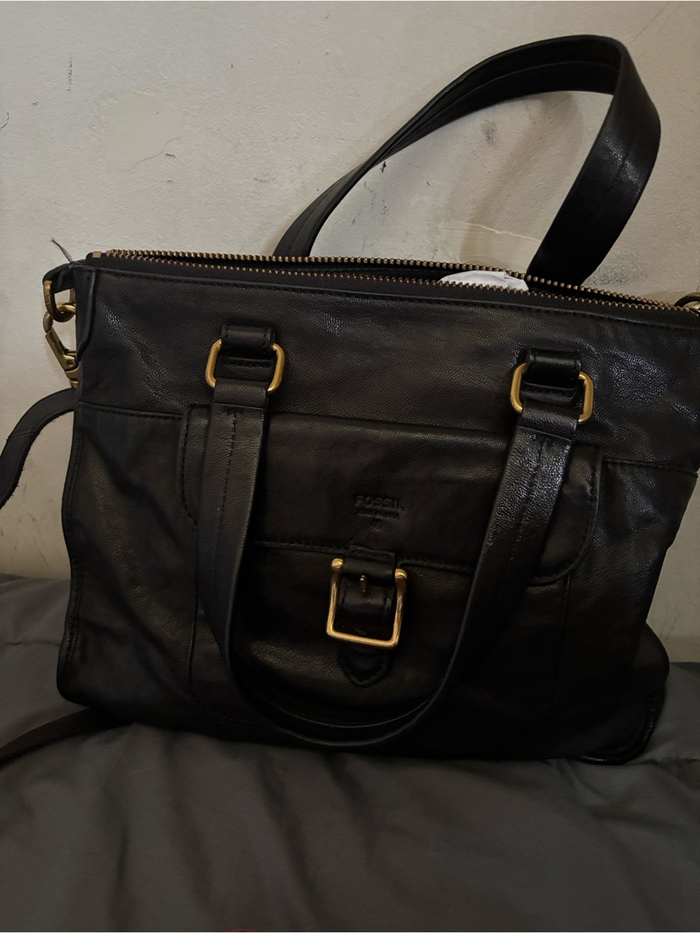 Fossil Black leather satchel with cross body strap
